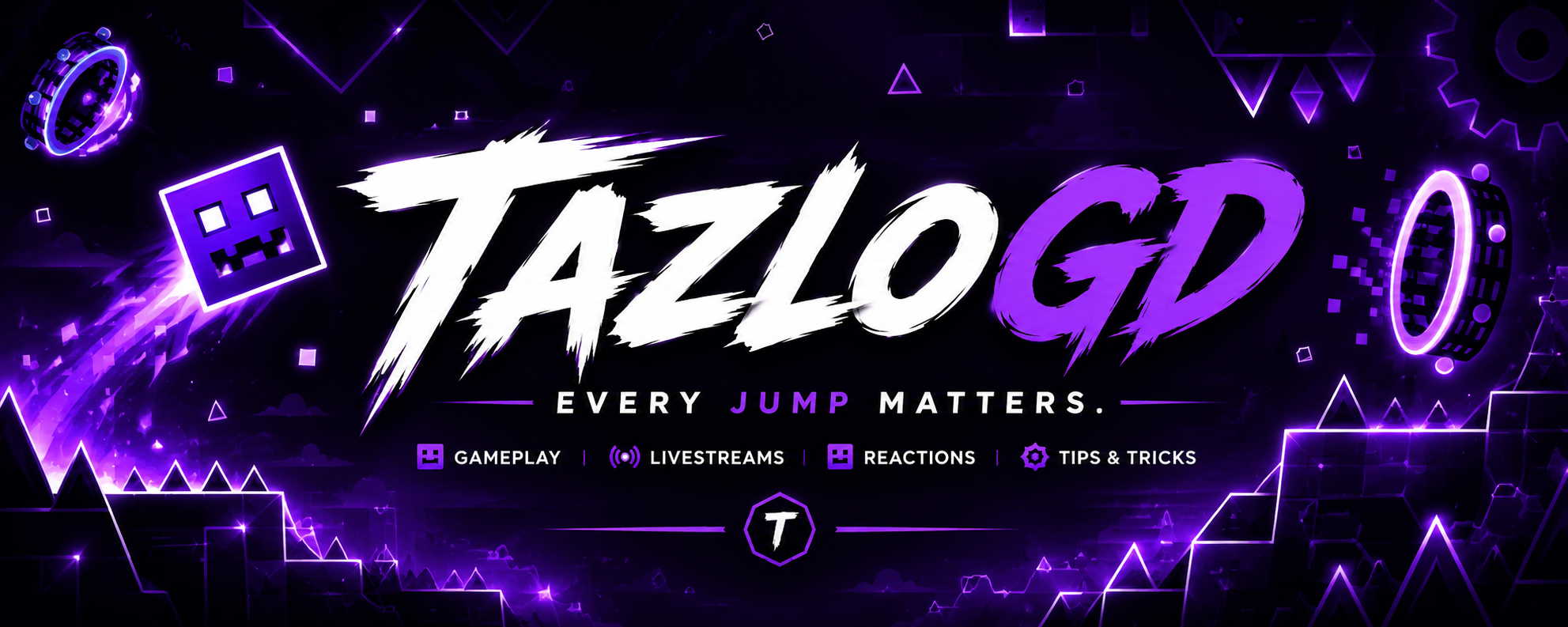 TazloGD Geometry Dash channel banner with neon purple cube, portals and spikes